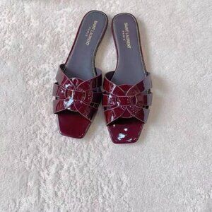 Yves Saint Laurent Glossy Tribute Mule Sandals - Deep Burgundy